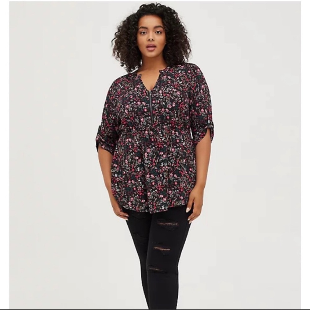 Torrid Babydoll Stretch Challis Zip-Front Tunic Top